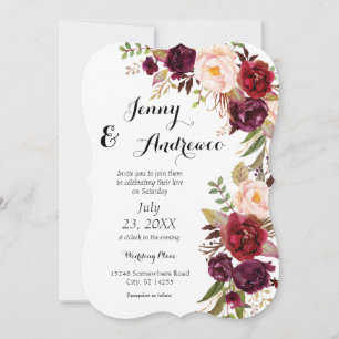 Invitation Bourgogne Marsala Floral Mariage 2 Blanc