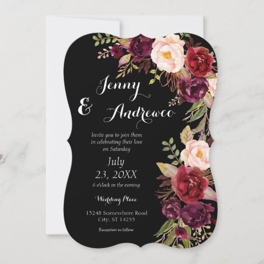 Invitation Bourgogne Marsala Floral Mariage 2 Noir (Devant)