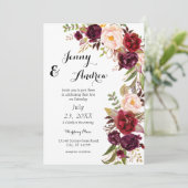 Invitation Bourgogne Marsala Floral Mariage 3 Blanc (Debout devant)