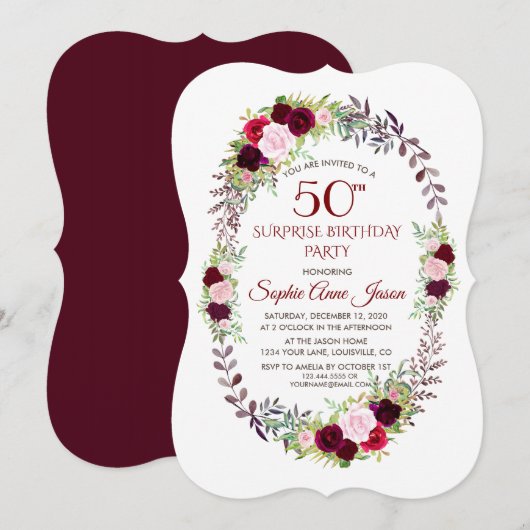 Invitation Bourgogne Marsala Floral Wreath 50e anniversaire (Devant / Derrière)