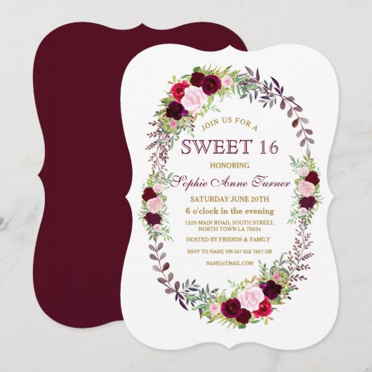 Invitation Bourgogne Marsala Floral Wreath Sweet 16 Invitatio (Devant / Derrière)
