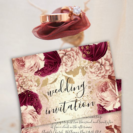 Invitation Bourgogne Marsala Mariage Rose or Roses Floral