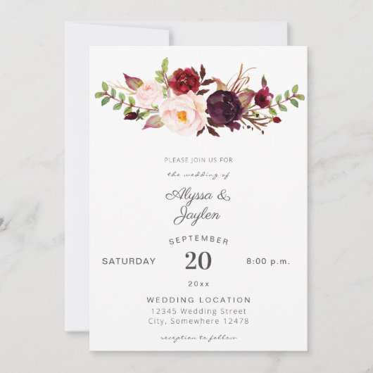 Invitation Bourgogne Marsala rose Mariage floral 2 blanc (Devant)