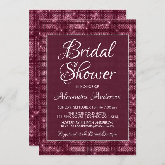 Invitation Bourgogne Marsala Sparkle nuptiale de douche Invit (Devant / Derrière)