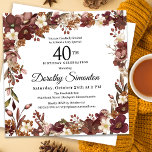 Invitation Bourgogne Mauve ivoire automne floral 40e annivers<br><div class="desc">D'élégantes fleurs rouges bordeaux, roses mauves et blanches d'ivoire forment un très joli cadre floral. Berries et branches lui donnent une ambiance boho moderne et rustique. Le nom du célébrant de l'anniversaire est écrit dans une police de caractères intemporelle. Cet article fait partie de la collection Floral Bourgogne, Mauve et...</div>