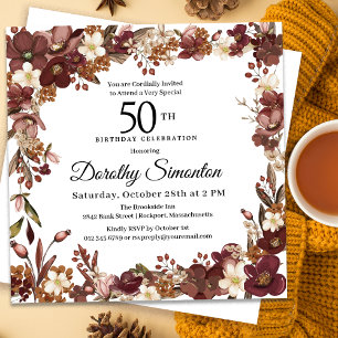 Invitation Bourgogne Mauve ivoire automne floral 50e annivers