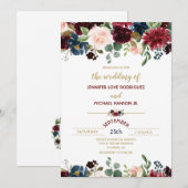 Invitation Bourgogne Merlot & Fleurs Bleu Marine Mariage (Devant / Derrière)