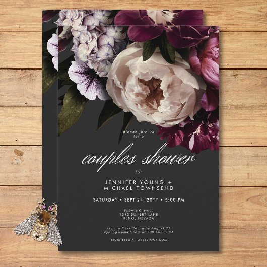 Invitation Bourgogne moderne & crème Peonies Couples Douche