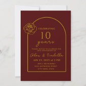Invitation Bourgogne moderne et or 10e anniversaire Mariage (Devant)