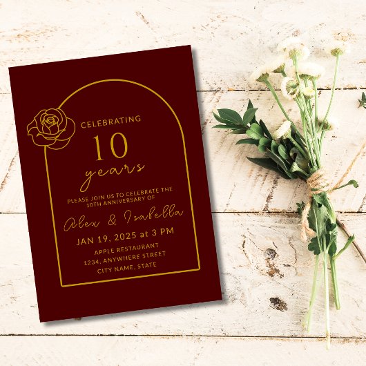 Invitation Bourgogne moderne et or 10e anniversaire Mariage
