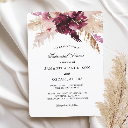 Invitation Bourgogne Moderne Fleurs Roses Blush
