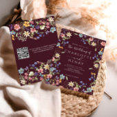 Invitation Bourgogne moderne QR Code Fleur sauvage Mariage