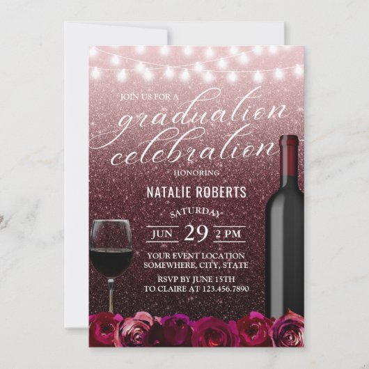 Invitation Bourgogne moderne & Rose Gold Floral Wine Graduati (Devant)