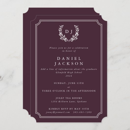 Invitation Bourgogne Monogram Laurel Wreath Graduation (Devant / Derrière)