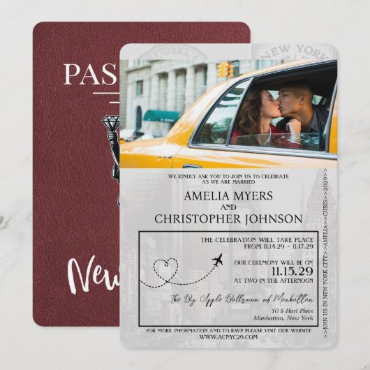 Invitation Bourgogne New York City Passport Mariage (Devant / Derrière)