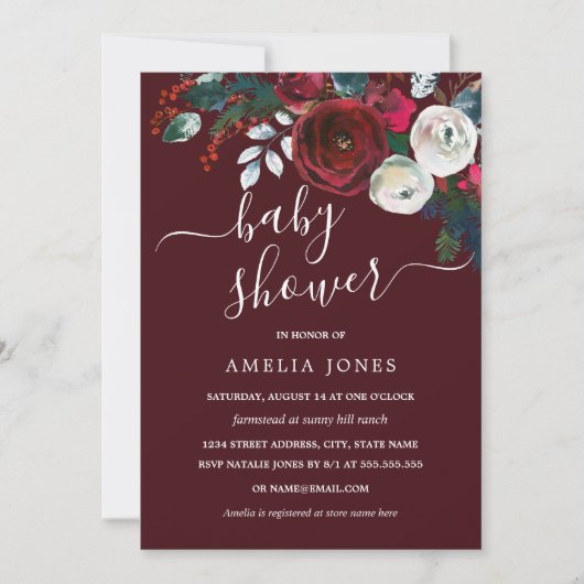 Invitation Bourgogne Noël Aquarelle Baby shower Floral (Devant)