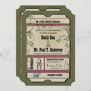 Invitation Bourgogne & Olive Funky Texté Mariage Playbill