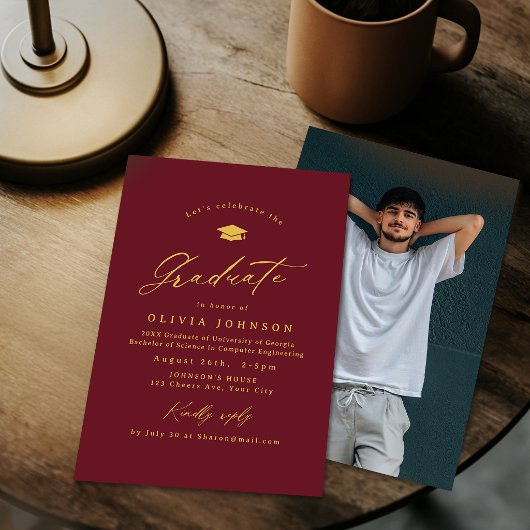 Invitation Bourgogne Or Calligraphie Moderne Photo Remise de