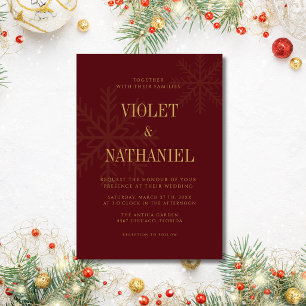 Invitation Bourgogne Or Élégant Flocon de Neige Noël Mariage