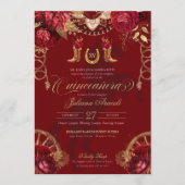 Invitation Bourgogne & Or Floral Elegant Charro Quinceanera (Devant)