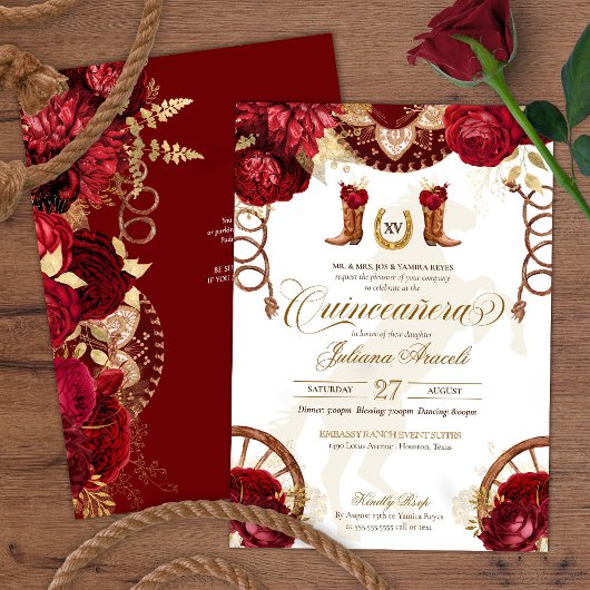 Invitation Bourgogne & Or Floral Elegant Charro Quinceañera