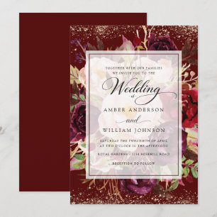 Invitation Bourgogne Or Floral Élégant Mariage