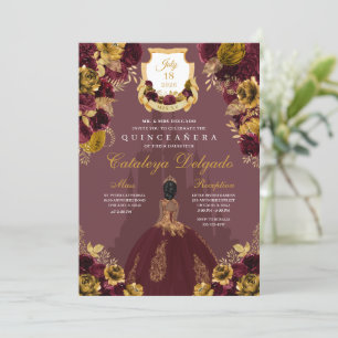 Invitation Bourgogne & Or Floral Elegant Quinceañera