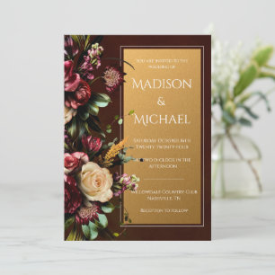 Invitation Bourgogne & Or Floral Mariage moderne
