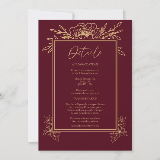 Invitation Bourgogne Or Floral Simple Tout En Un Mariage (Dos)