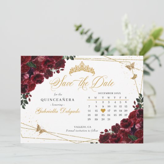 Invitation Bourgogne & Or Quinceañera Enregistrer La Date (Debout devant)