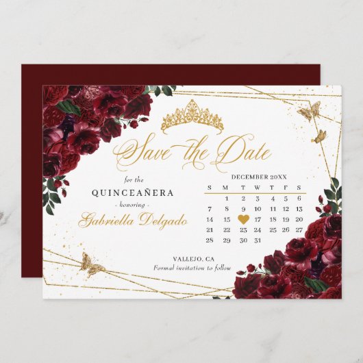 Invitation Bourgogne & Or Quinceañera Enregistrer La Date (Devant / Derrière)