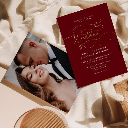 Invitation Bourgogne Or Script Calligraphie Photo Mariage