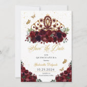 Invitation Bourgogne & Or Tiara Enregistrer La Date Quinceañe (Devant)