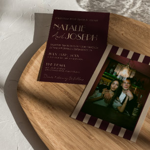 Invitation Bourgogne Or Vieil Argent Rayures Photo Mariage