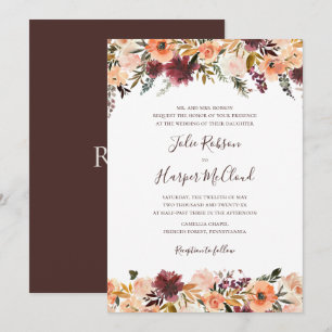 Invitation Bourgogne Orange Floral Mariage traditionnel