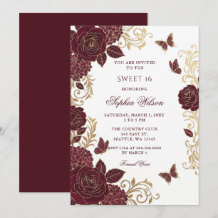 Invitation Bourgogne Papillon Floral Doré Sweet 16