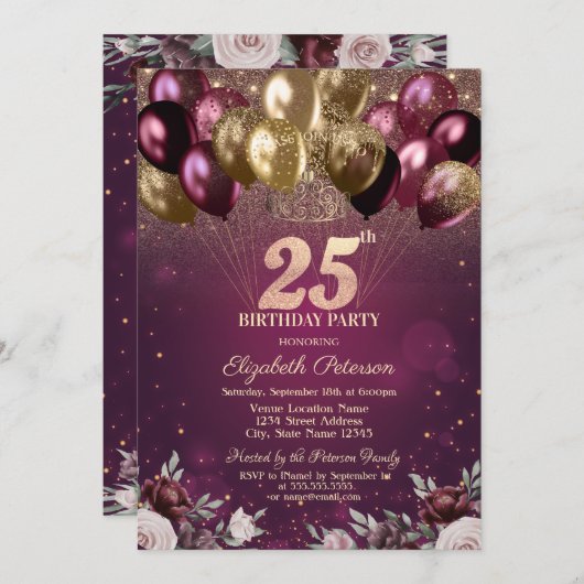 Invitation Bourgogne Parties scintillant Ballons Fleurs 25e a (Devant / Derrière)