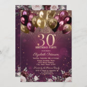 Invitation Bourgogne Parties scintillant Ballons Fleurs 30e a (Devant / Derrière)