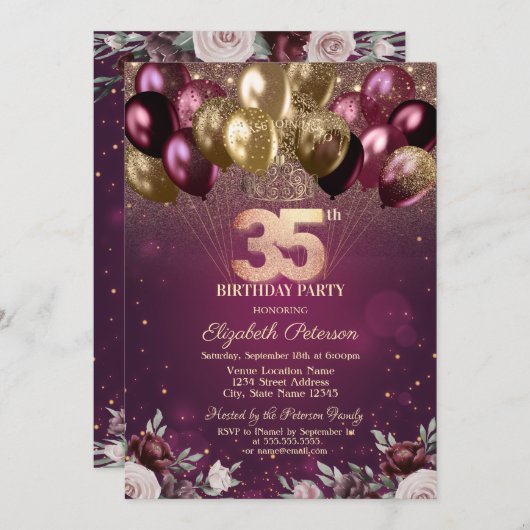 Invitation Bourgogne Parties scintillant Ballons Fleurs 35e a (Devant / Derrière)
