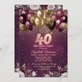 Invitation Bourgogne Parties scintillant Ballons Fleurs 40e a (Devant / Derrière)