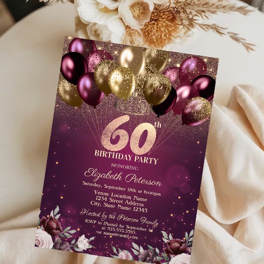 Invitation Bourgogne Parties scintillant Ballons Fleurs 60e a