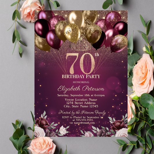Invitation Bourgogne Parties scintillant Ballons Fleurs 70e a