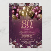 Invitation Bourgogne Parties scintillant Ballons Fleurs 80e a (Devant / Derrière)