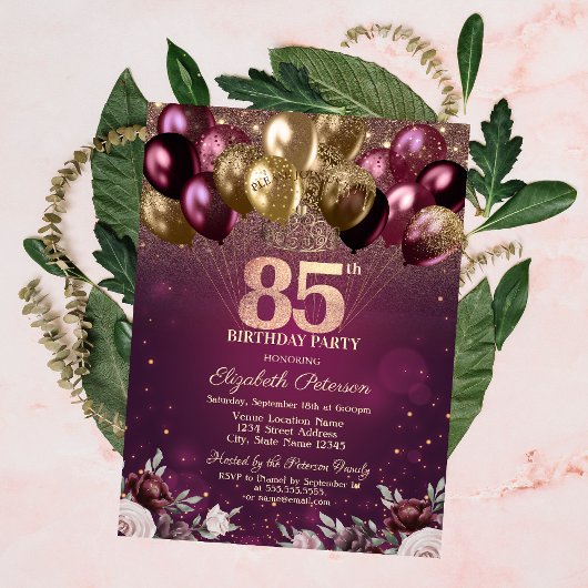 Invitation Bourgogne Parties scintillant Ballons Fleurs 85e a