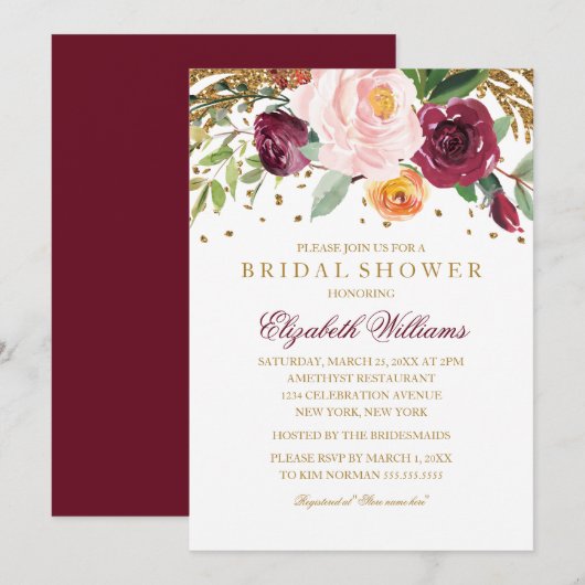 Invitation Bourgogne Parties scintillant florale Fête des mar (Devant / Derrière)