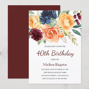 Invitation Bourgogne & Pêche Aquarelle Florale 40e anniversai