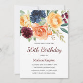 Invitation Bourgogne & Pêche Aquarelle Florale 50e anniversai (Devant)