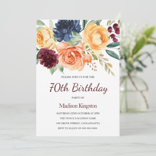 Invitation Bourgogne & Pêche Aquarelle Florale 70e anniversai (Debout devant)