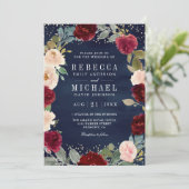 Invitation Bourgogne Pêche Floral Bleu Marine Code QR Mariage (Debout devant)