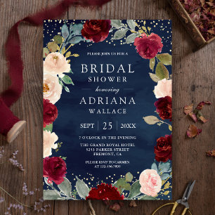 Invitation Bourgogne Pêche Floral Bleu Marine Fête de Mariage